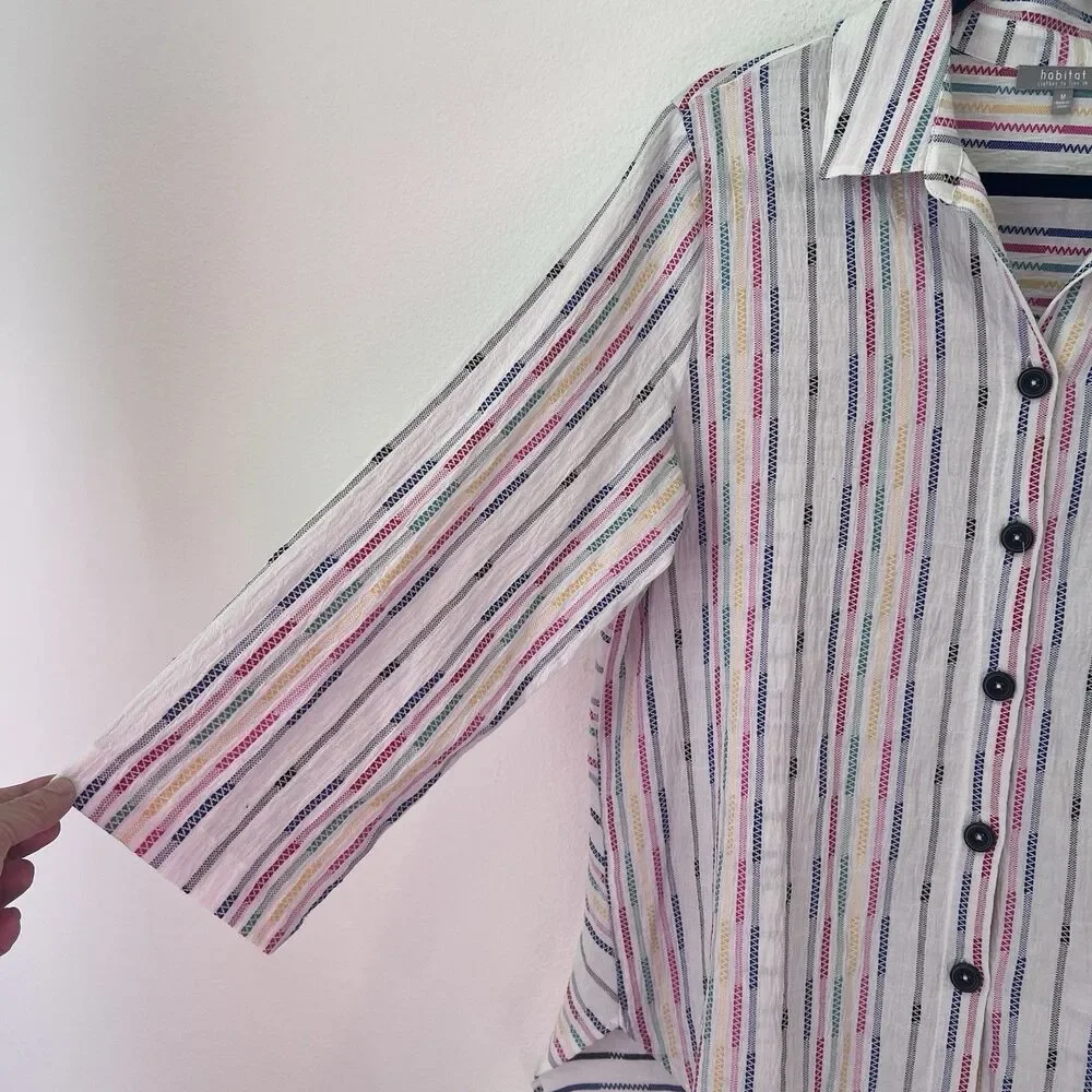 Habitat Shirt Wrap Around Fiesta Weave Tunic Top White Striped M Party Brunch - Picture 5 of 9